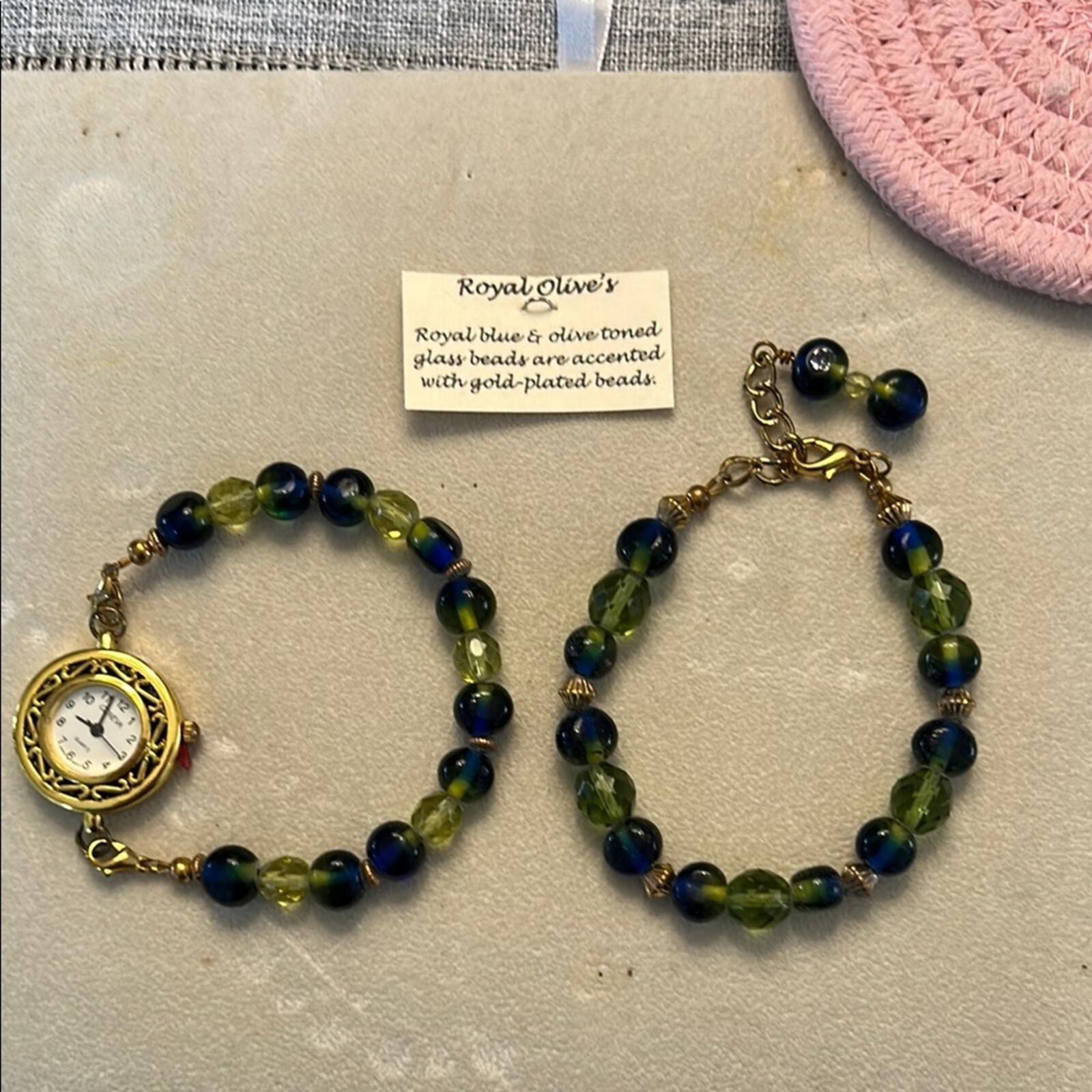 Watch & Bracelet Set w/elegant royal & olive glass beads & gold-plated accents.