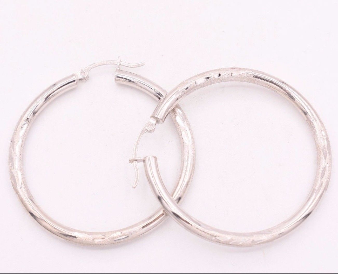 3mm X 40mm 1 1/2″ Large Diamond Cut Round Hoop Earrings REAL 14K White Gold