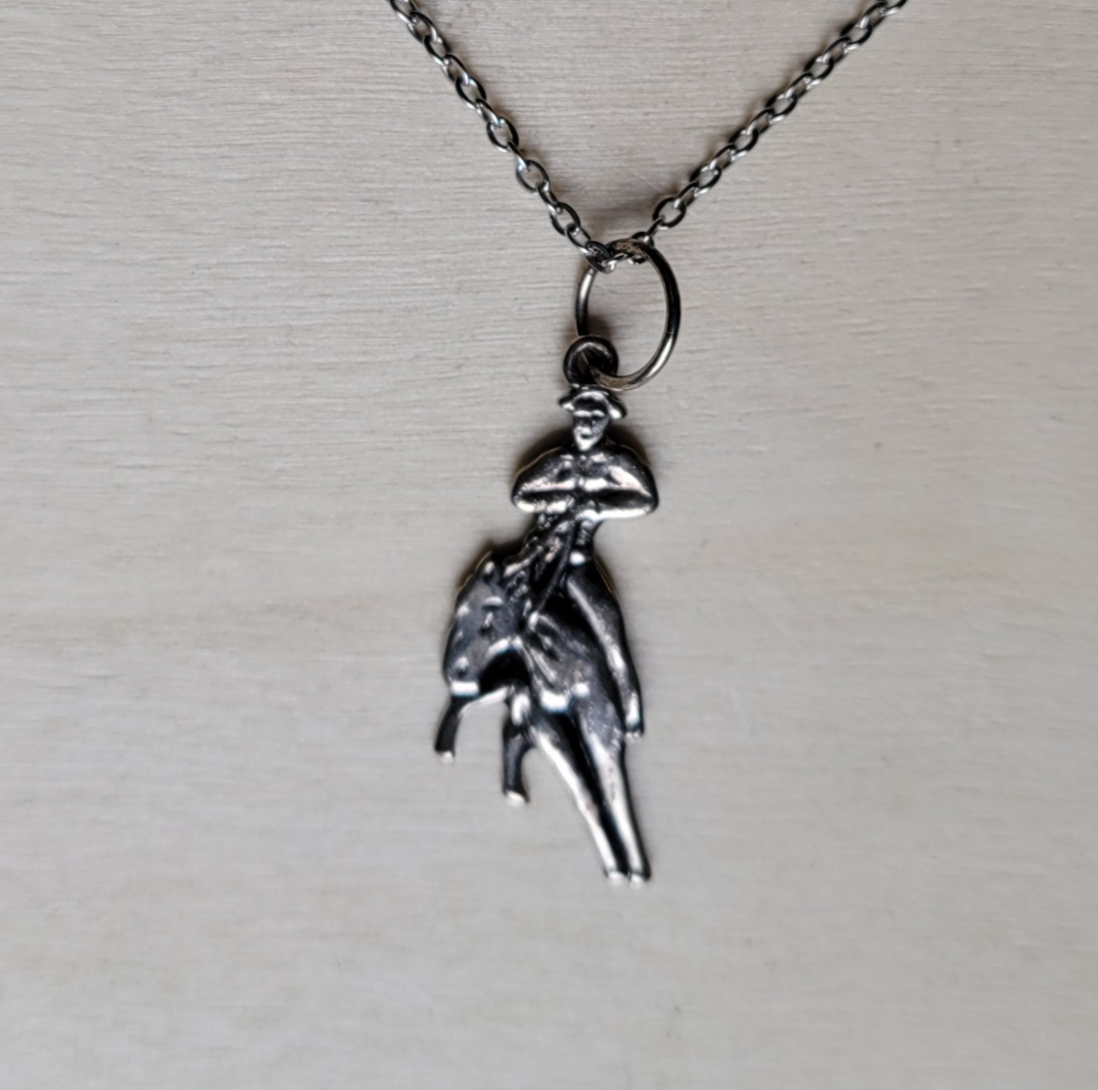 Western Cowboy On Horse Pulling Back The Reins Silver Tone Pendant 18in Necklace