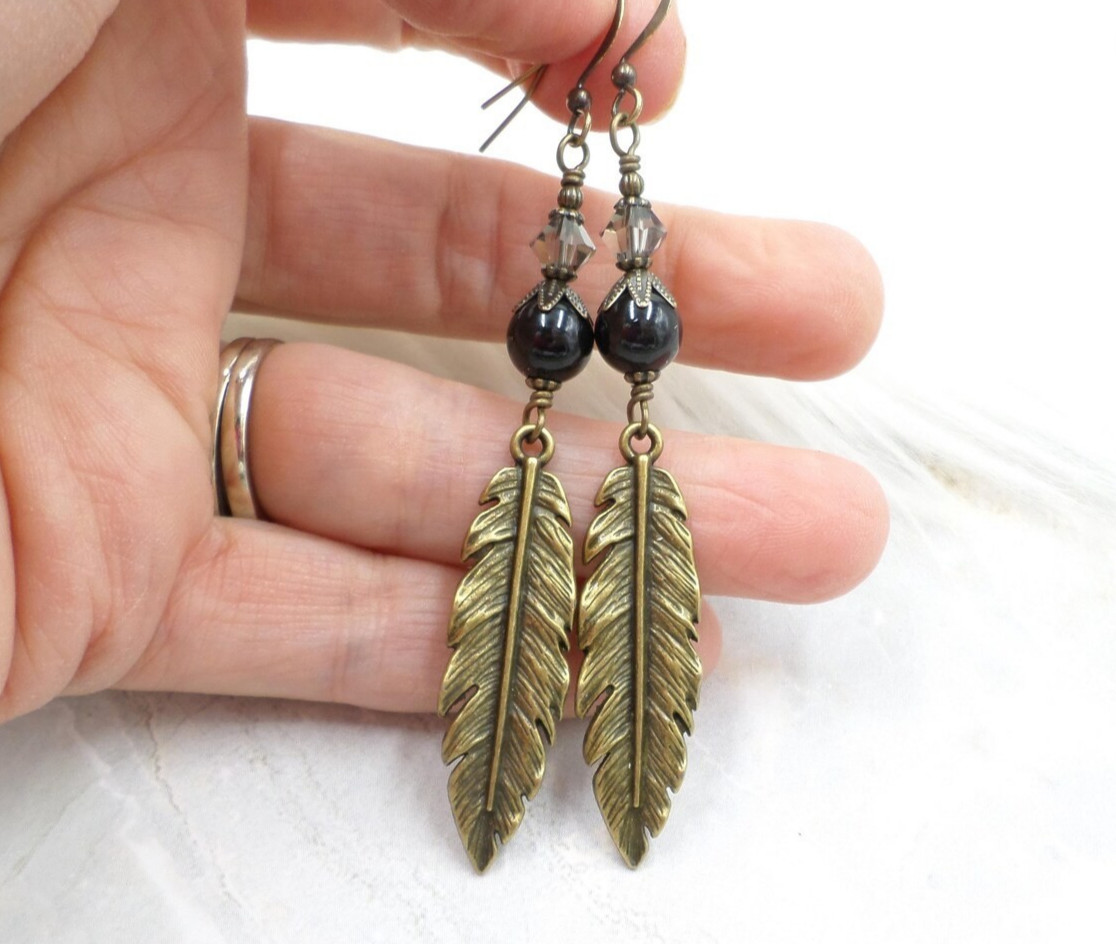 Boho Earrings, Antique Brass Feather with Black Faux Pearls & Crystal Jewelry