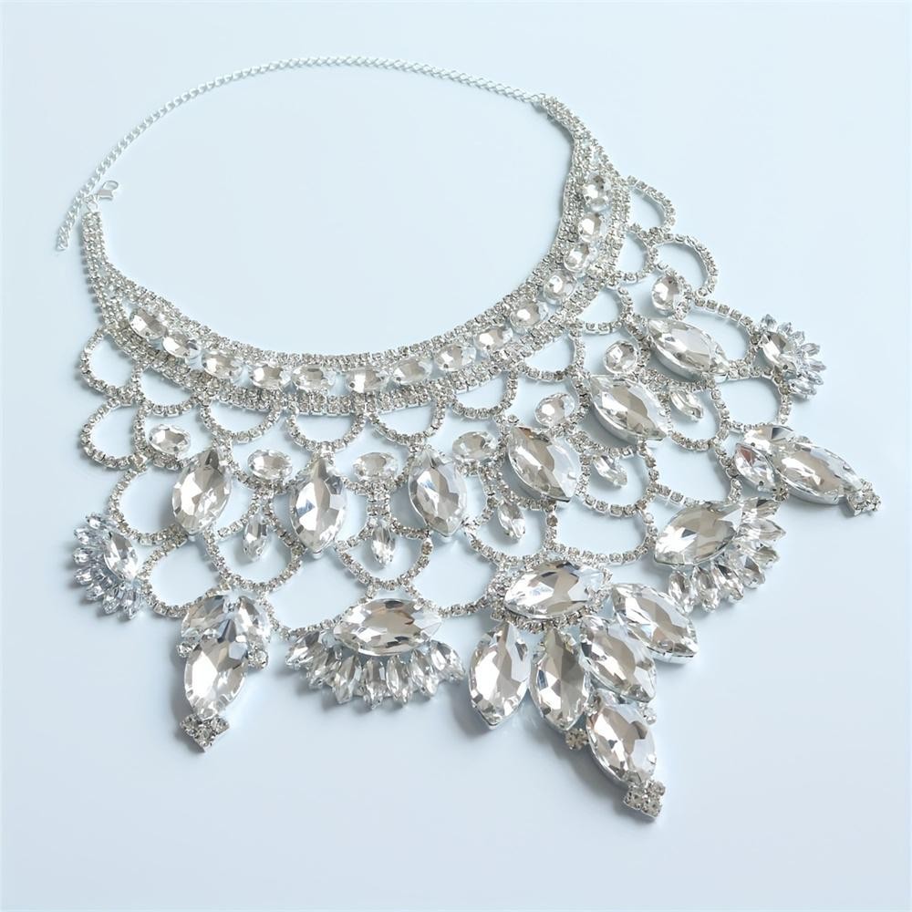 Luxury Bling Rhinestone Choker Necklace Large Hollow Collar Women Party