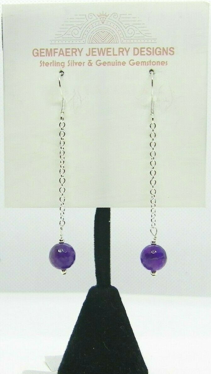 Sterling Silver Natural AMETHYST Long Chain Dangle Earrings #…Handmade USA