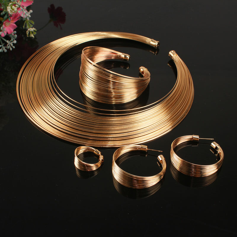 Women Fashion Gold Metal Wire Choker Necklace Bangle Earring Ring Jewelry Set