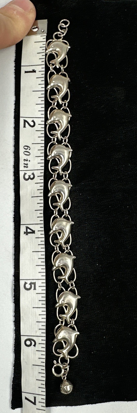925 Sterling Silver Diving Dolphins Links Bracelet Ball Bell Charm, 7″ 7.71g