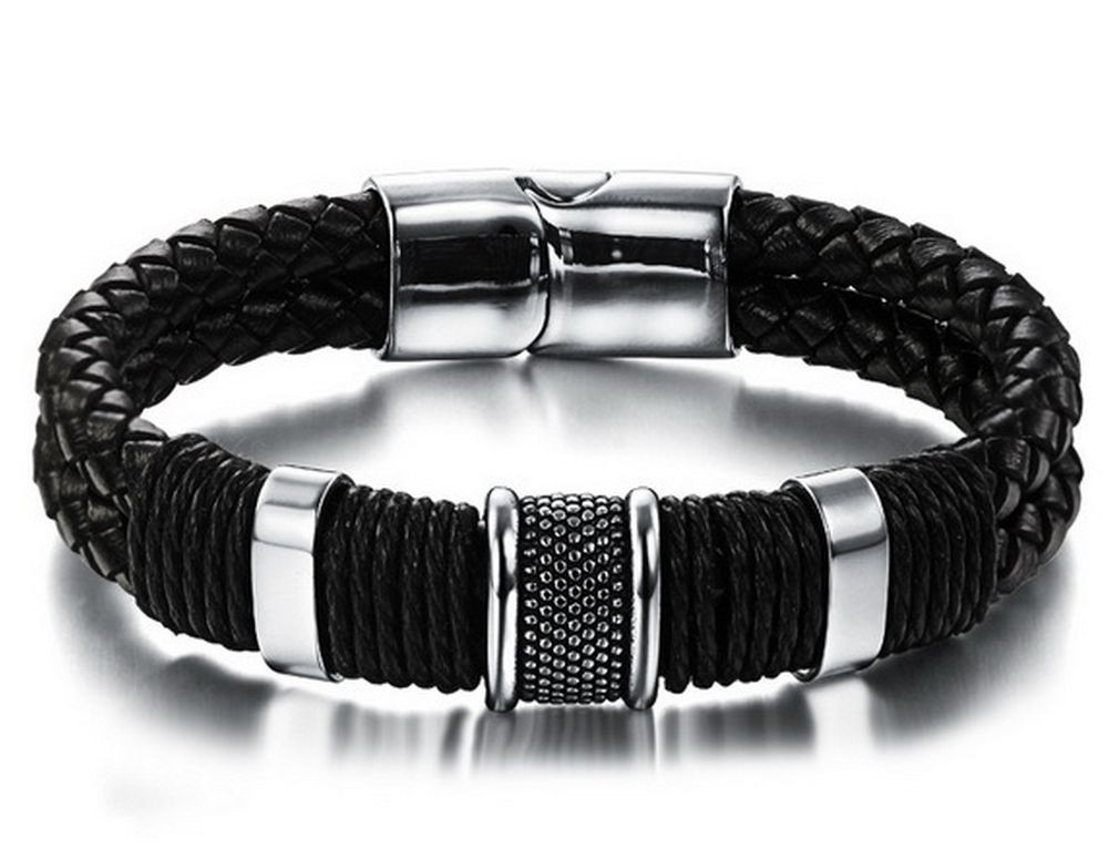 Men’s Genuine Leather Stainless Steel 316L Wrapped Twine Bangle Bracelet
