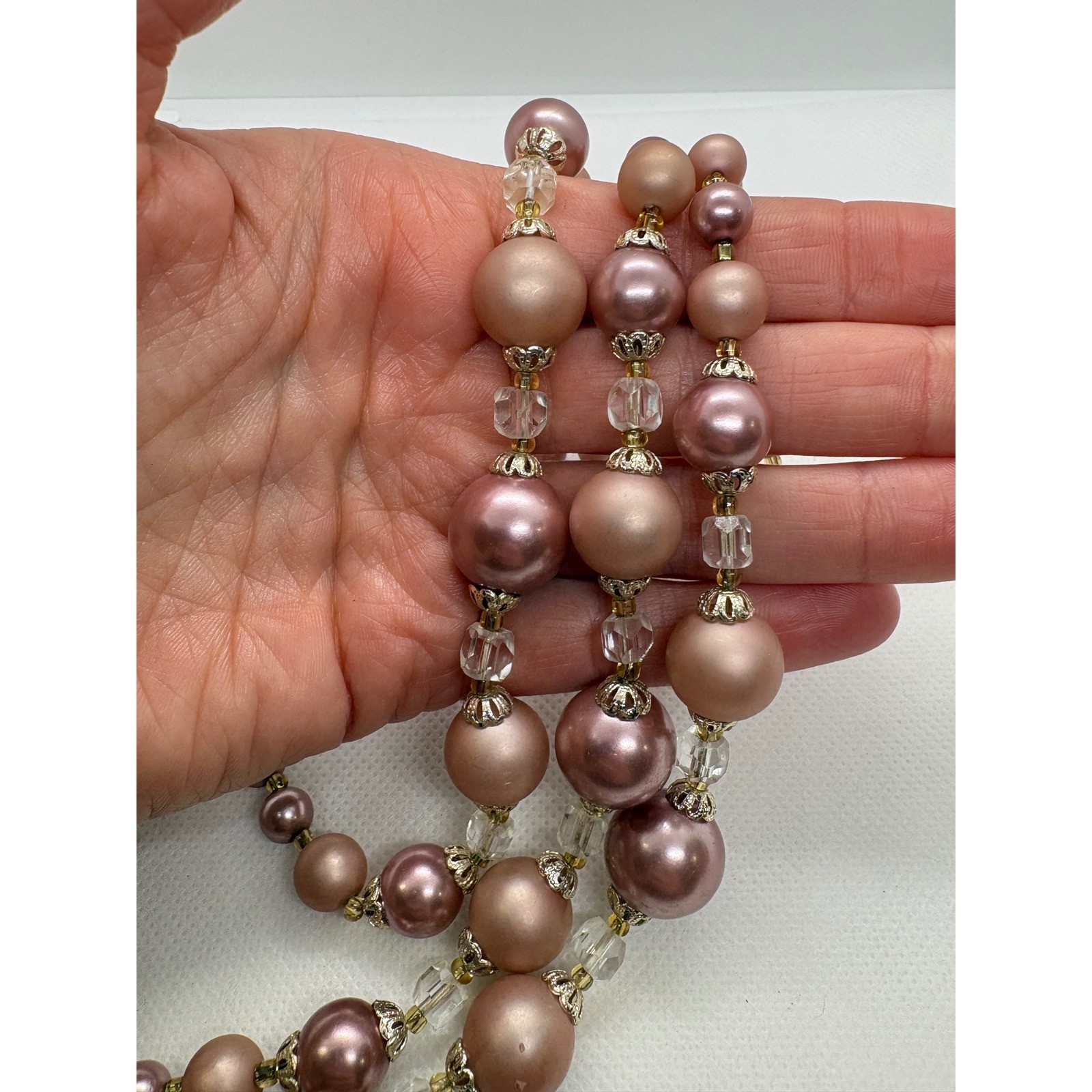 Vintage Japan Triple Strand Faux Pearl Necklace Mauve Rose Graduated Beaded