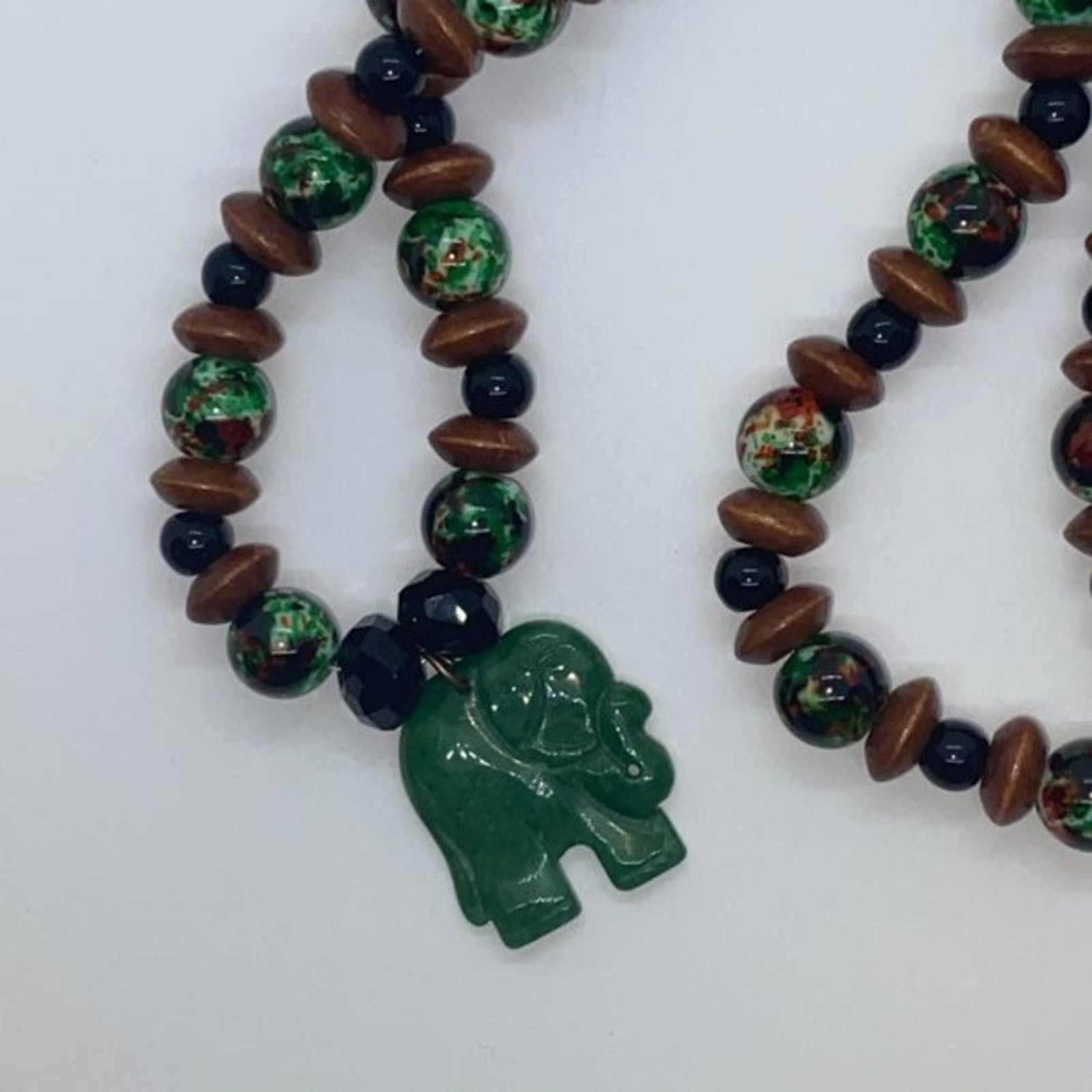 Handmade Beaded Black Brown Green Elephant Necklace