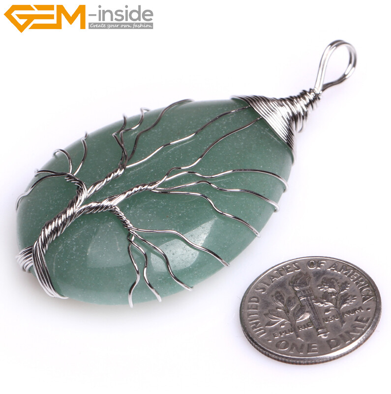 Natural Tree Life Sandstone Aventurine Jewelry TearDrop Pendant Necklace Reiki