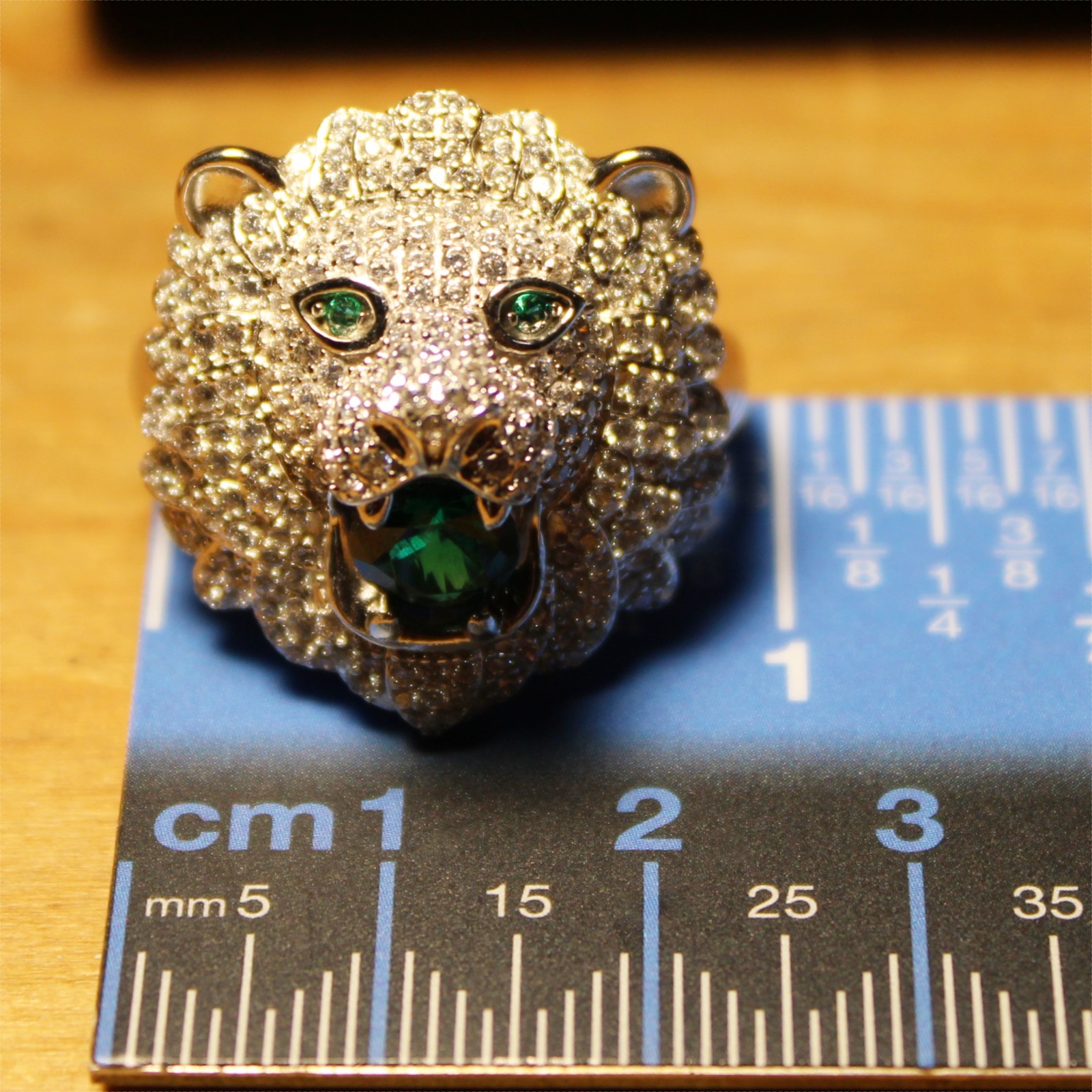 Fuzion Creations Green & White Crystal Lion Head Ring Sterling Silver Size 12