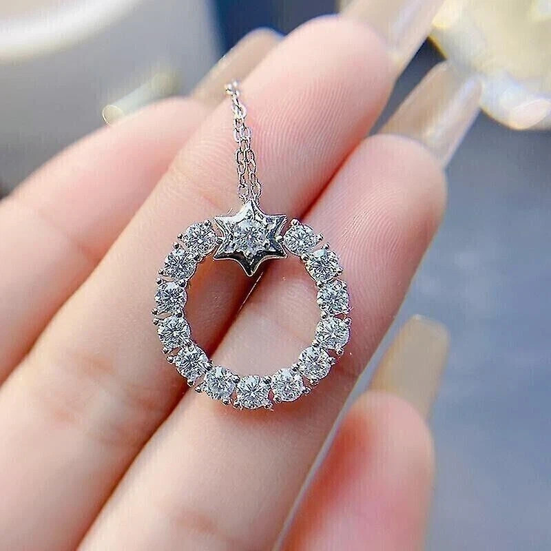 2.00 Ct Round Cut Real Moissanite Circle Star Pendant 14K White Gold Plated