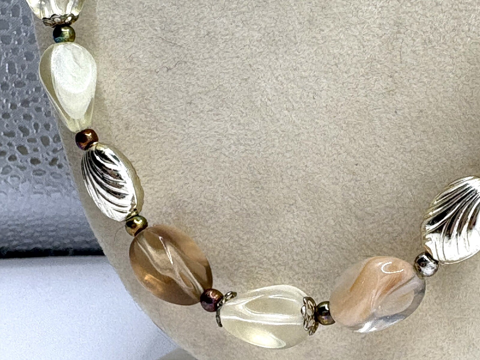 Multi Colored Neutral Beaded Necklace Cream, Champagne & Blush Silvertone Metal