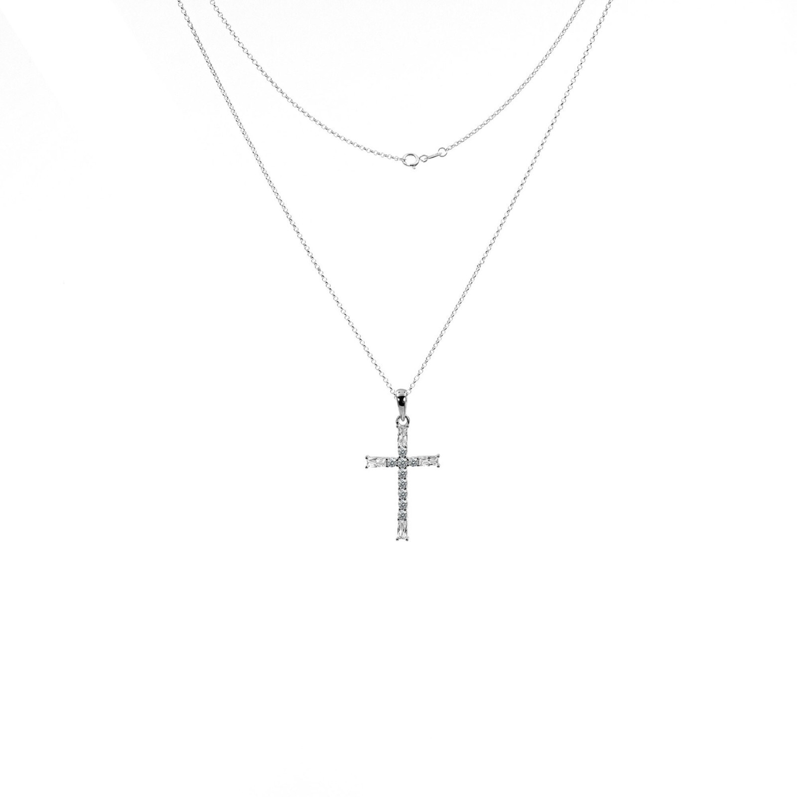 Circle Rolo Chain Necklace Pendant Cross 925 Sterling Silver Zircon Da/He