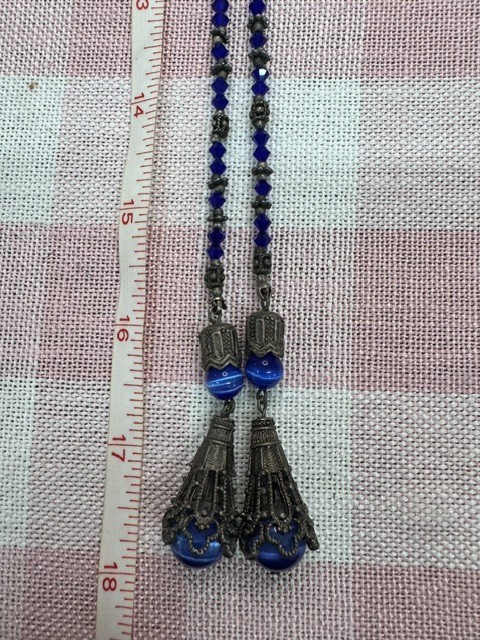Vintage Czech Style Cobalt Blue Glass Sautoir Lariat Necklace Cat’s Eye 36″ Boho
