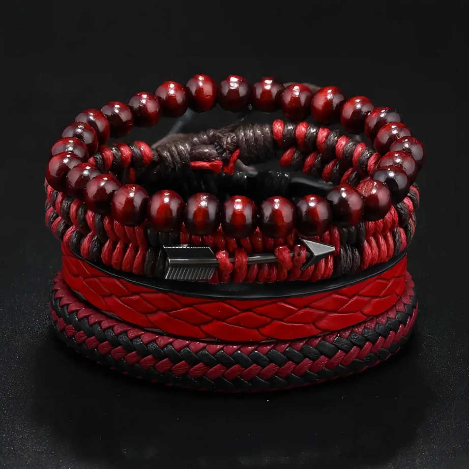 4 pcs Vintage Men’s Leather Bracelet Wooden Beads Cupid Arrow Hand Woven