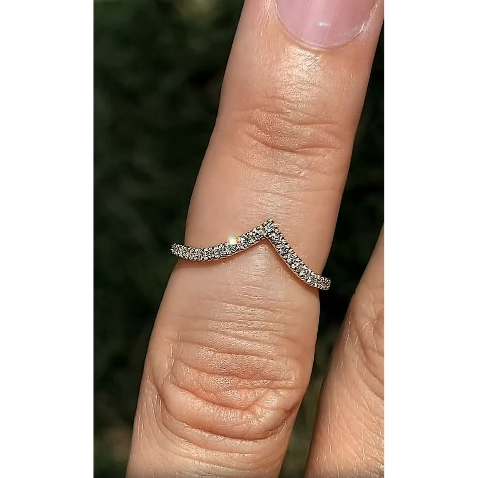 Round Lab Diamond V Shape Curved Chevron Stackable Wedding Band 14K White Gold