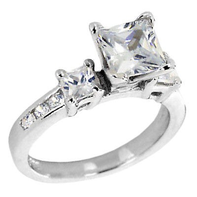 2.05 cttw 3 Stone Engagement Ring Princess Cut CZ Sterling Silver sizes 5 8 10