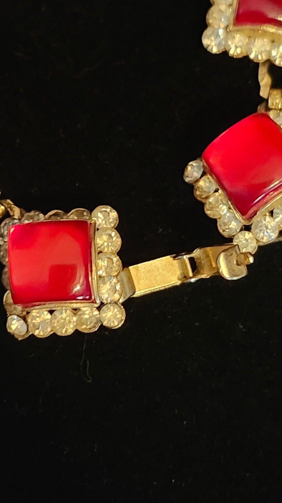 Vintage Gold Tone Bracelet Red Acrylic Stones Rhinestone Accents Victorian Rev