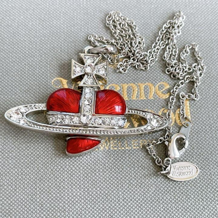 Vivienne Westwood Red Diamante Heart Necklace Silver