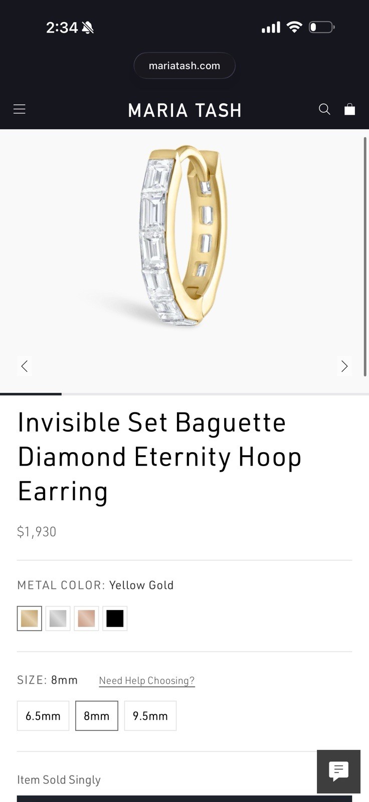 Maria Tash 8mm Yellow Gold Hoop Earrings Invisible Set Baguette Diamond Eternity