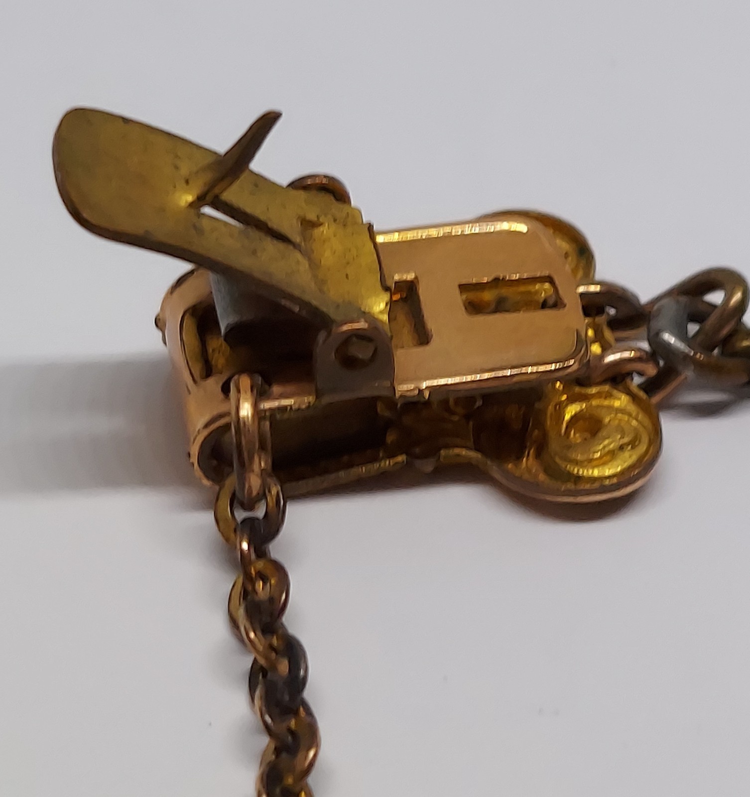 VTG Antique Miniature monkey Wrench works watch Fob charm Gold Filled Chain Clip