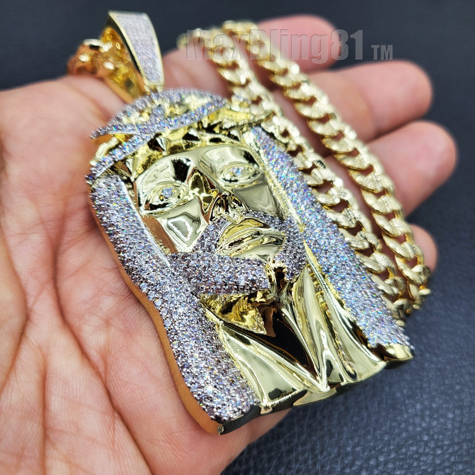 HIP HOP ICED GOLD PLATED BRASS JESUS PENDANT & 14K STAMPED CUBAN CHAIN NECKLACE