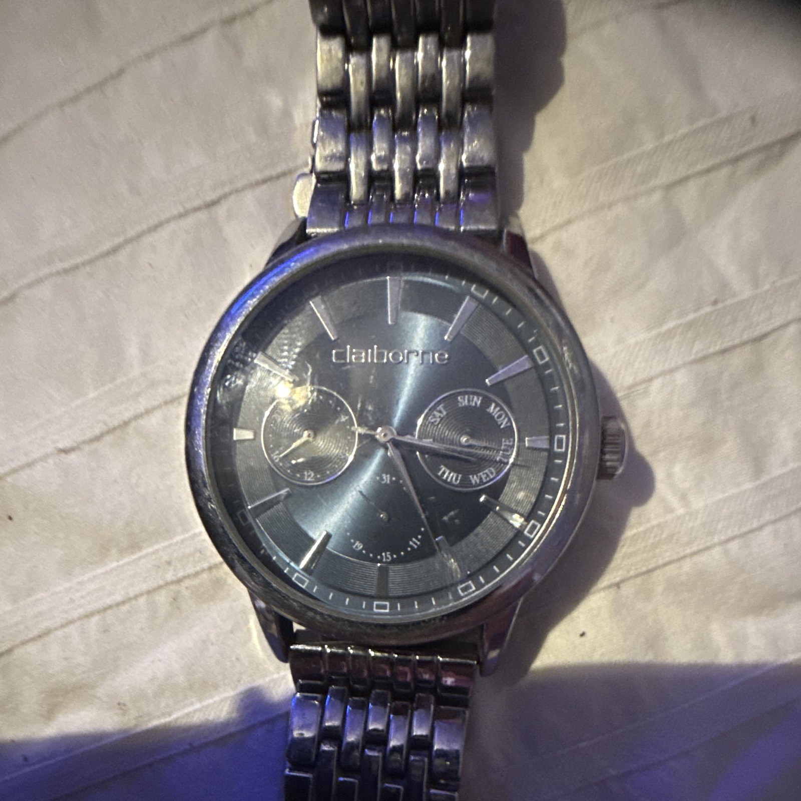 Claiborne Men’s Quartz Analog Multifunction Watch Blue Dial Silver Bracelet
