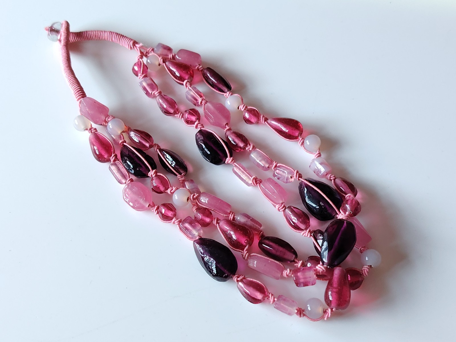 Pink Material Glass Bead Necklace Multi strand Mixed Shape Layering Toggle Clasp