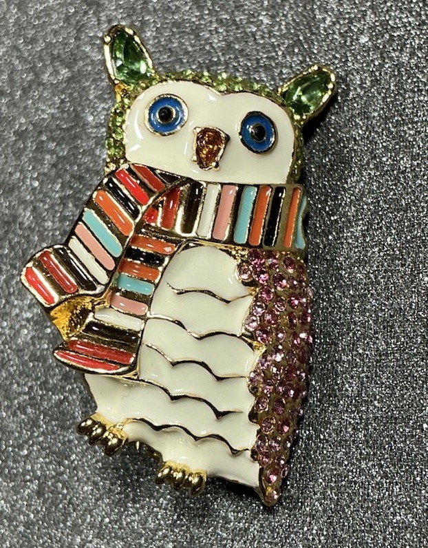 Talbots Owel Broach Enamel with Crystal Embellishment Gold Tone