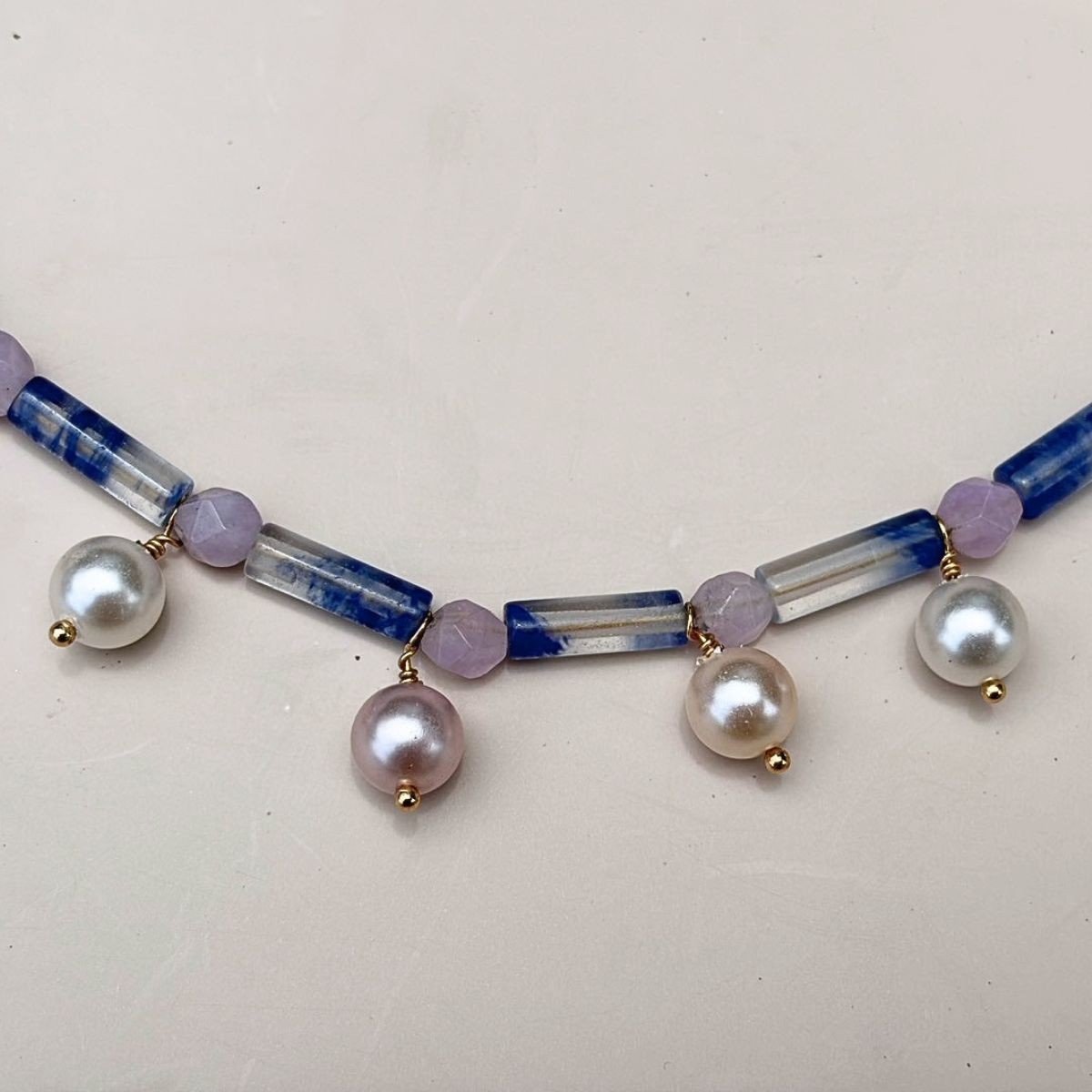 Soft Moon Symphony Necklace | Blue Crystal Quartz Necklace | Pearl Beaded Neckla