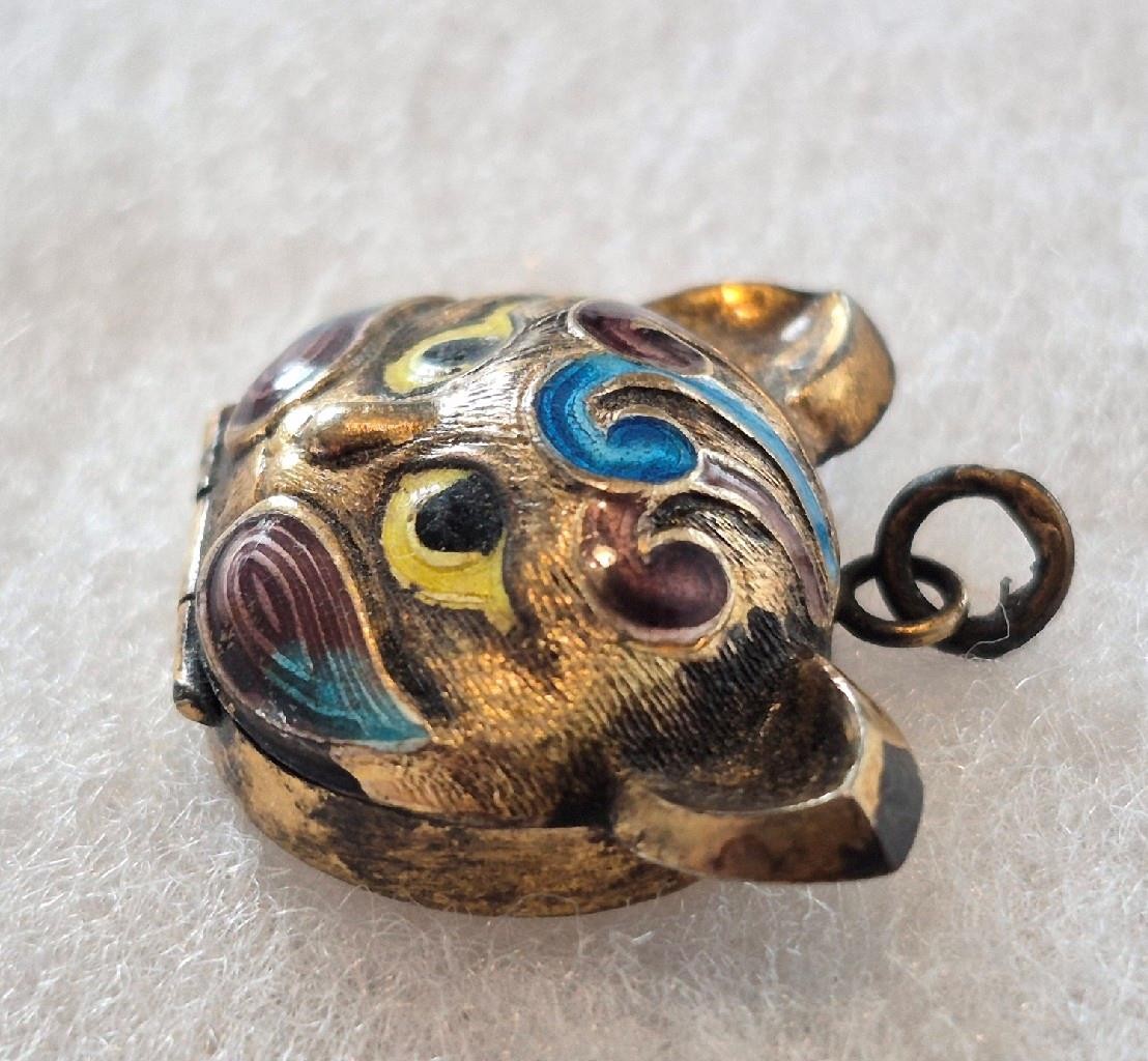 Vintage CHINESE EXPORT Sterling Silver Gold Vermeil CAT LOCKET Enamel PENDANT