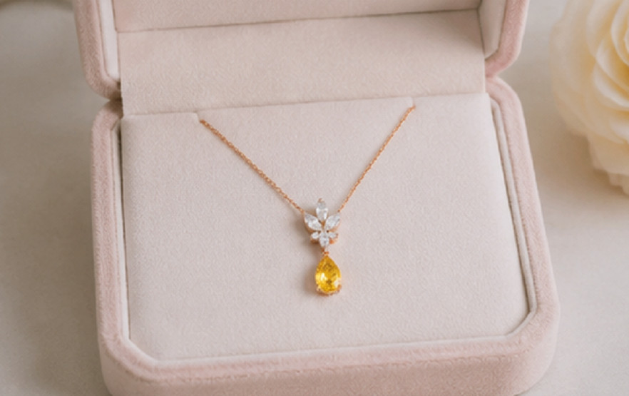 4ct Pear Cut Simulated Yellow Citrine/Diamond Drop Necklace 14k Rose Gold Plated