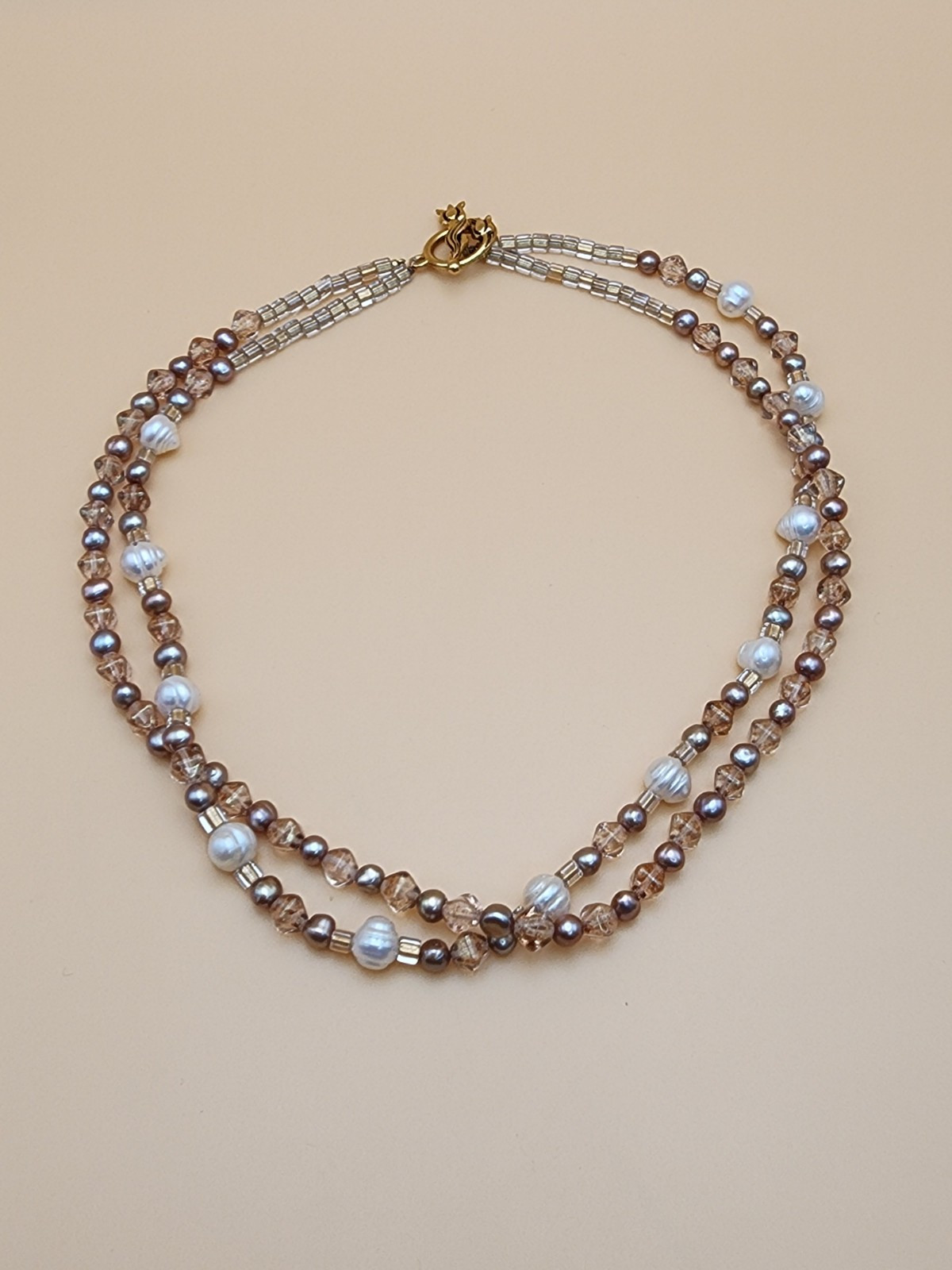 GENUINE White & Dusty Mauve Pearl Necklace Glass Bead Double Strand Tulip Toggle