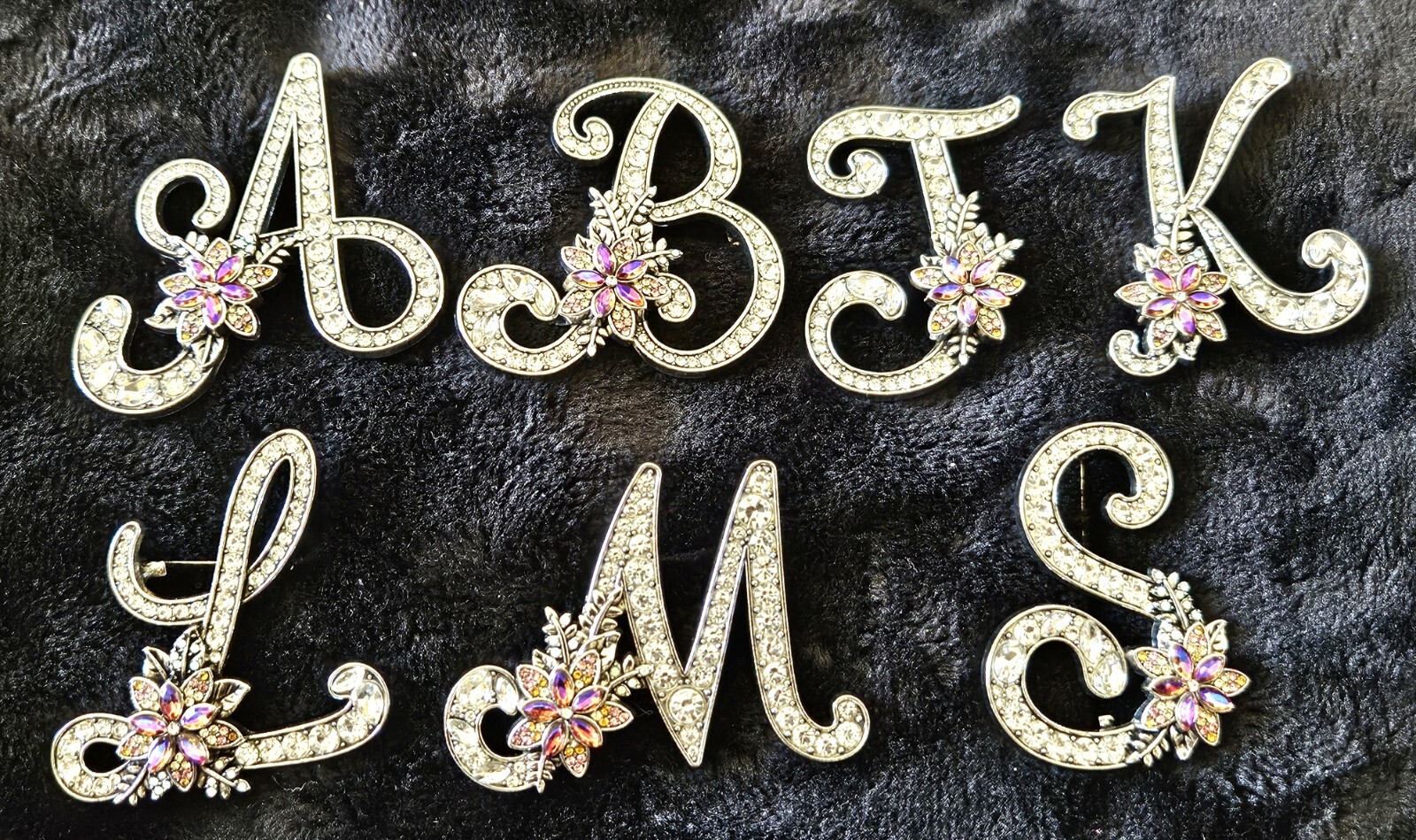 “LETTER” A-Z BROOCH W/ WHITE RHINESTONE & COLORFUL RHINESTONE FLOWER EXTRAVAGANT