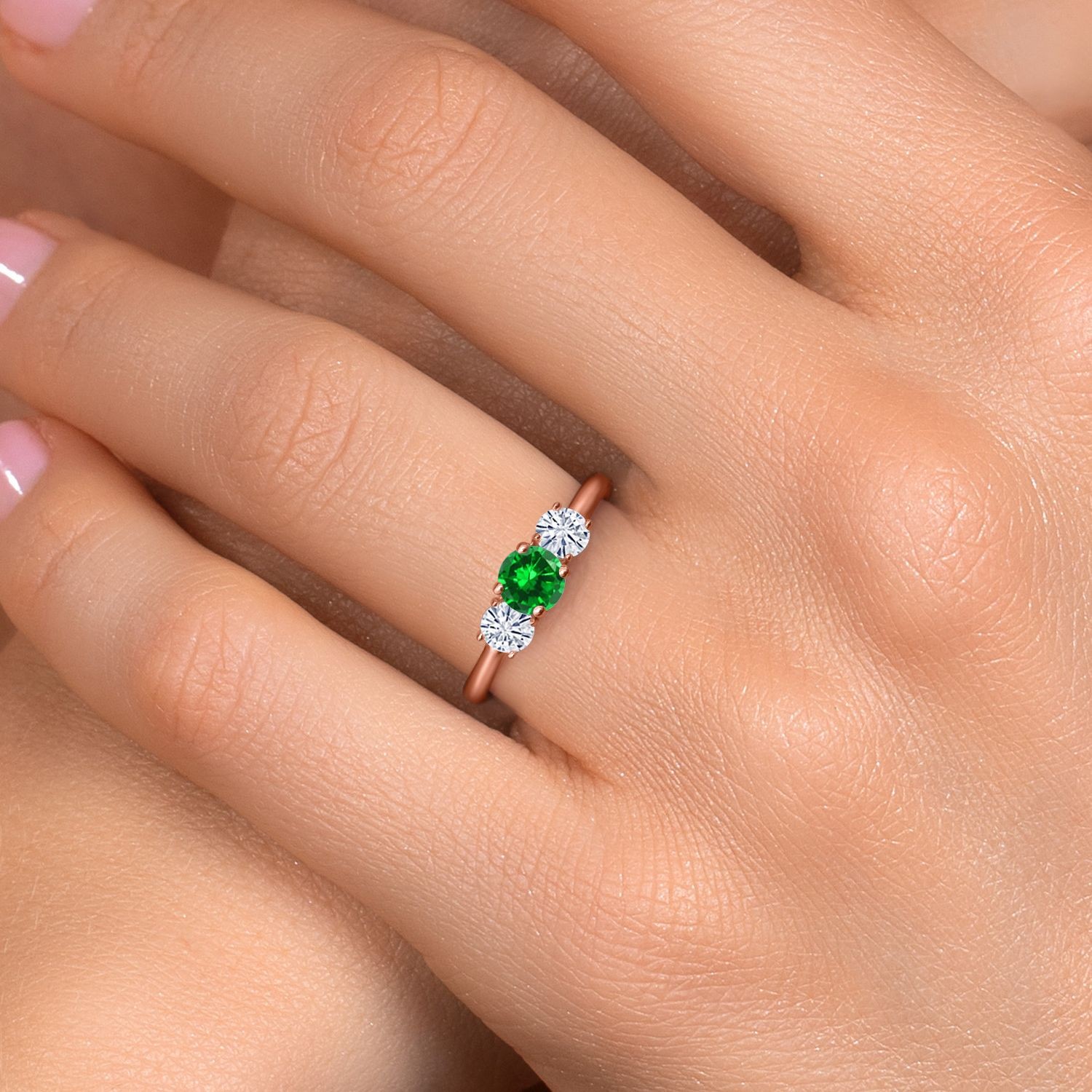 18K Rose Gold Plated Silver Created Emerald and White Moissanite Engagement