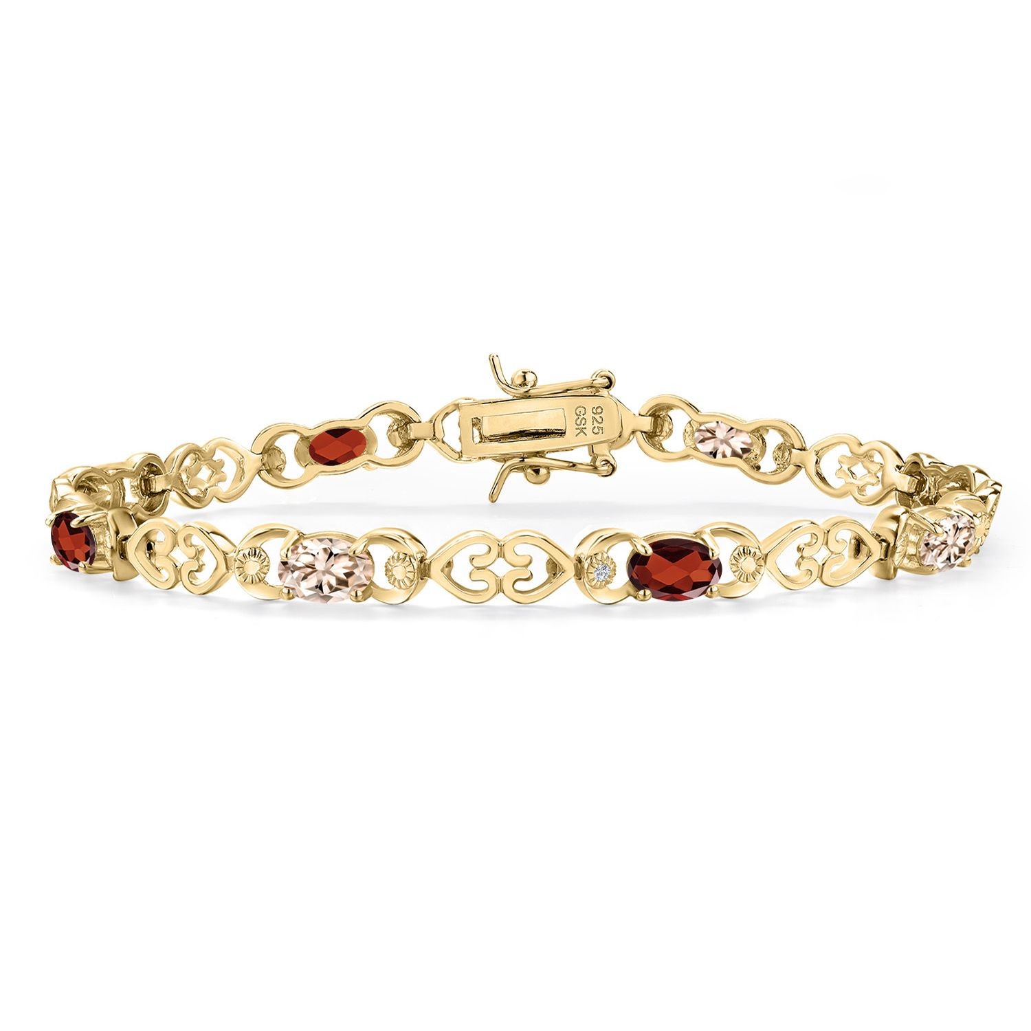 18K Yellow Gold Plated Silver Peach Morganite and Garnet and Lab Grown Diamond