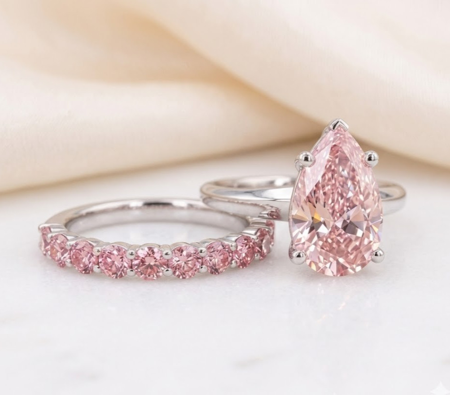 Certified 3 CT Pear Cut Pink Diamond Ring with matching band Ring-Tariffs FREE