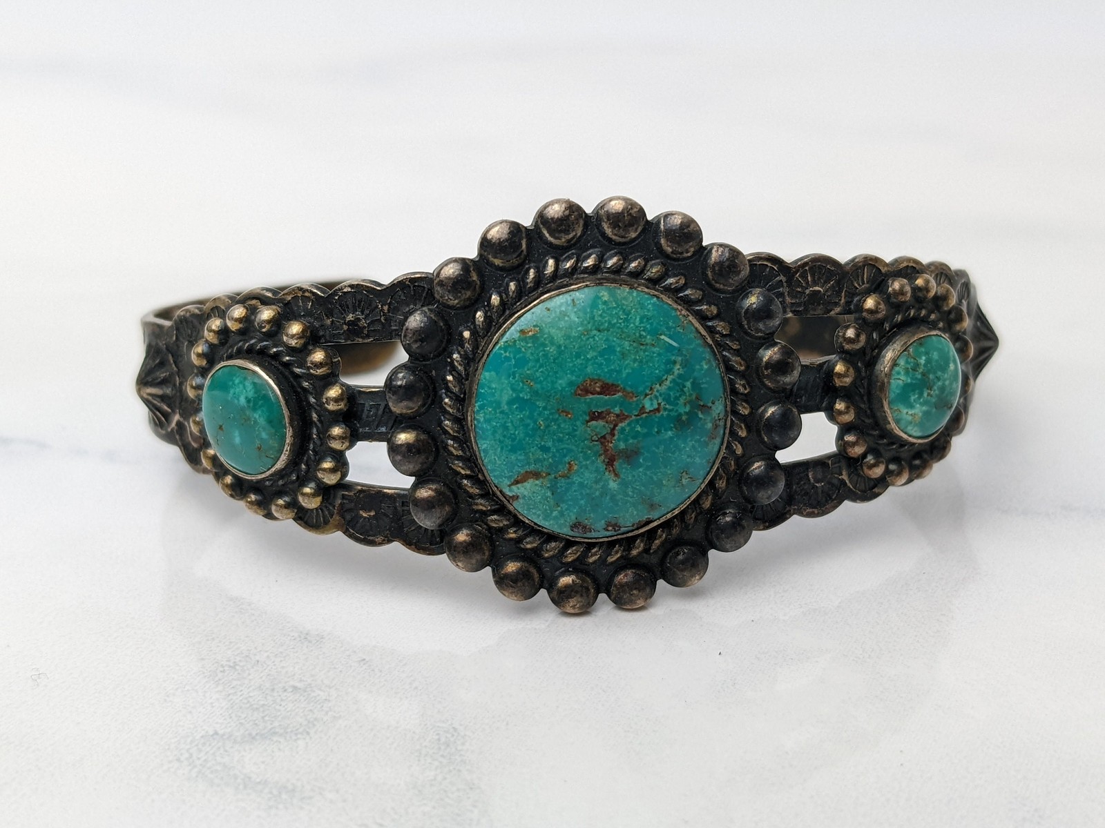 Fred Harvey Era Blue Turquoise Cuff Sterling Silver Bracelet