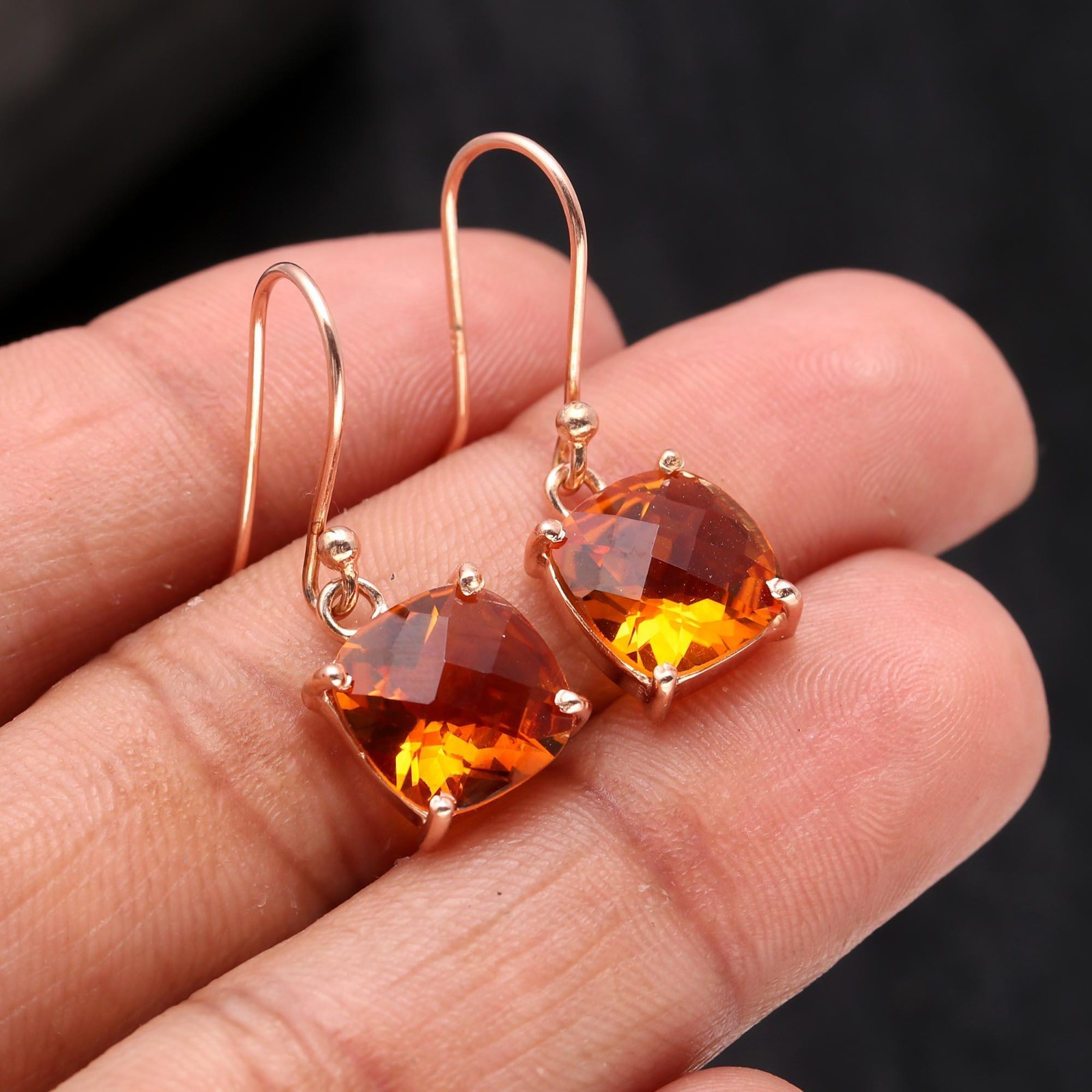 Natural Citrine Quartz Cushion Earrings Rose Gold Filled Solid Silver Jewelry