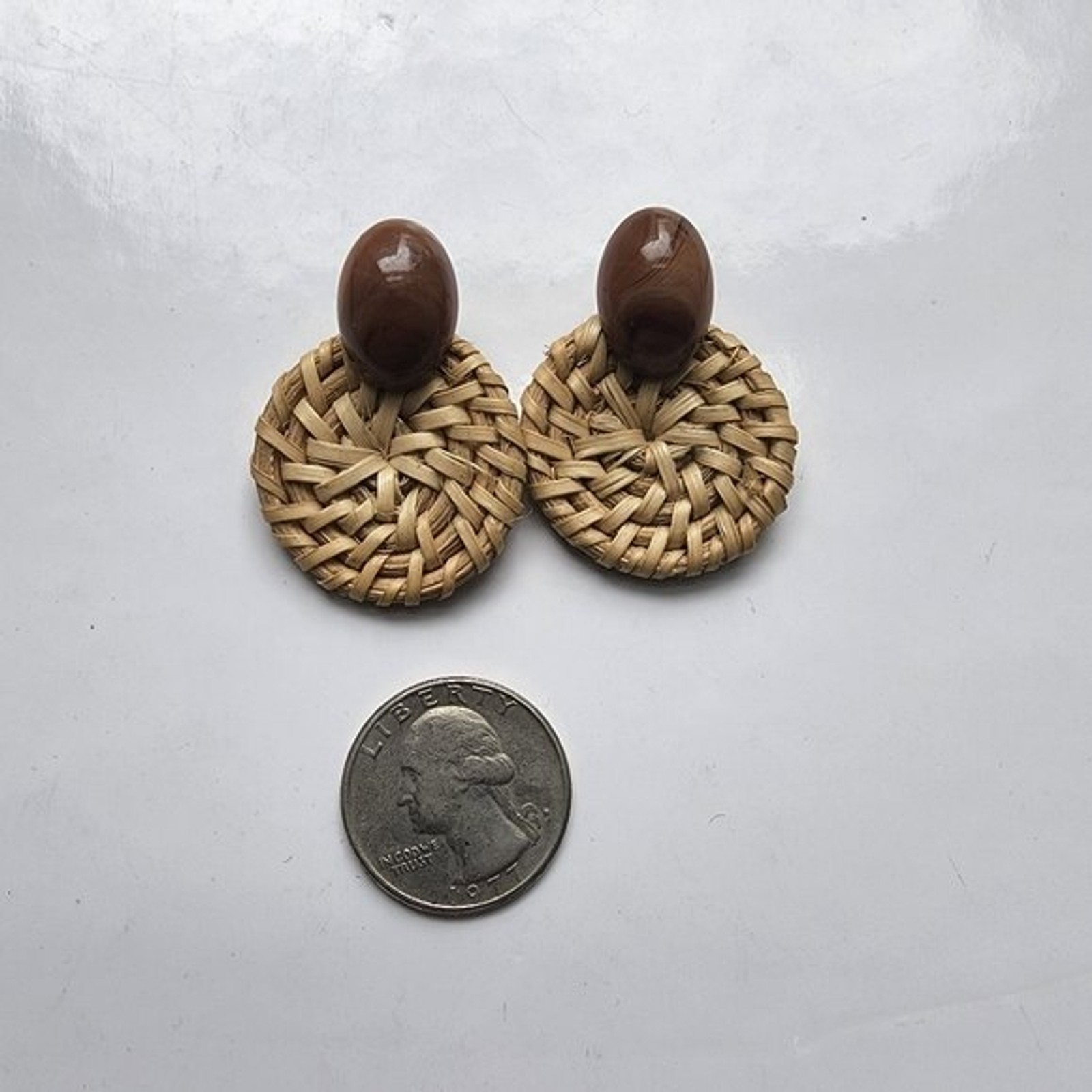 Wicker woven brown and tan post earrings, boho chic, modern, contemporary,