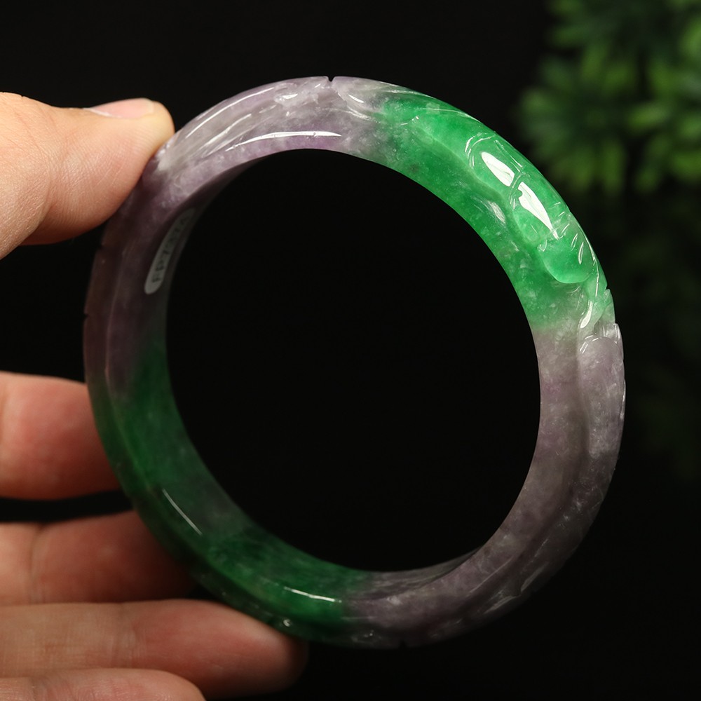 64mm Lavender Purple Green Jadeite Jade Bangle Bracelet Bat Ruyi Fish A-14801