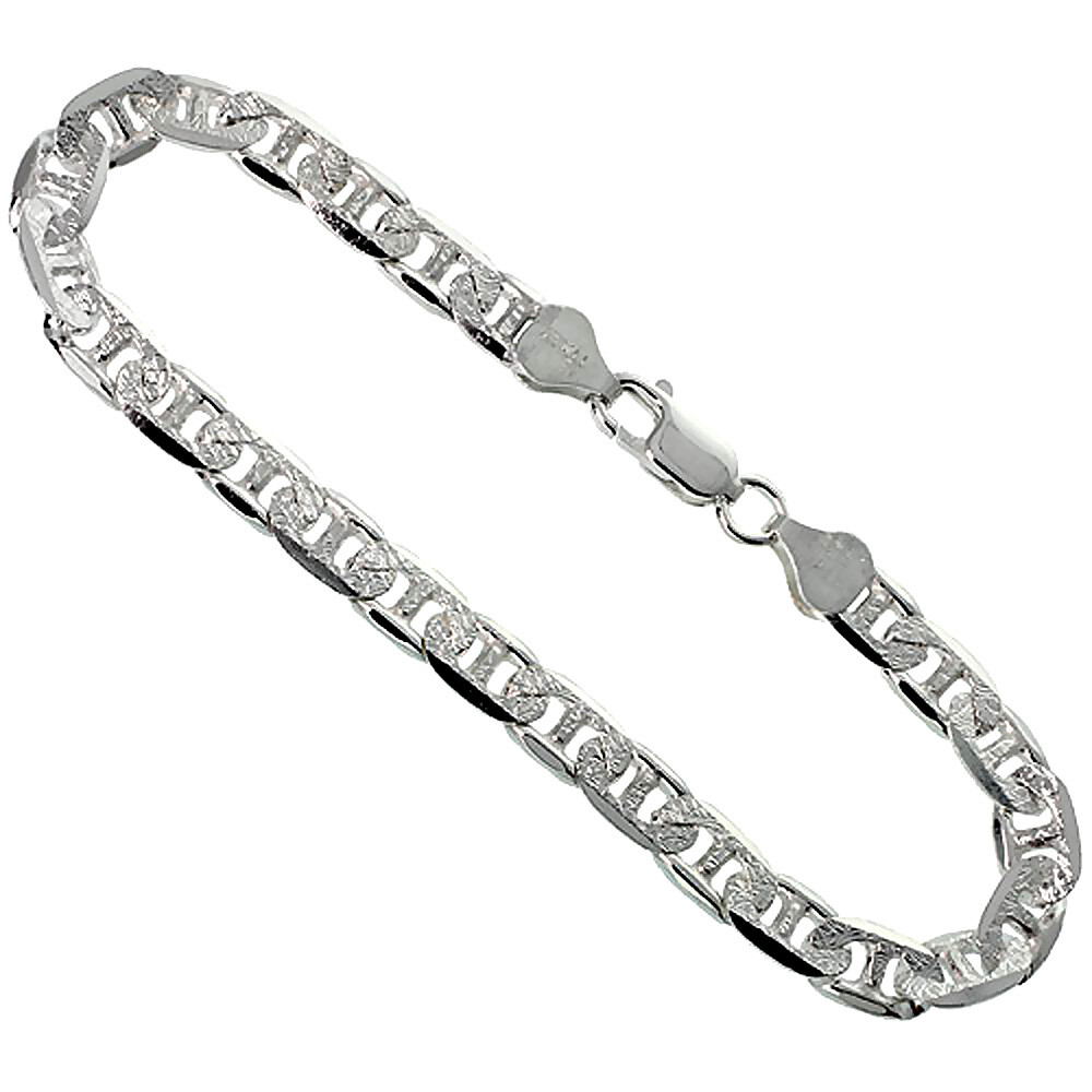 925 Sterling Silver Flat Mariner Link Chain Diamond Cut Necklace 6.4mm 7″ to 30″