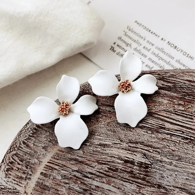 White Gold Tone Flower Drop Earrings Women Painted Metal Floral Classic Jewelry