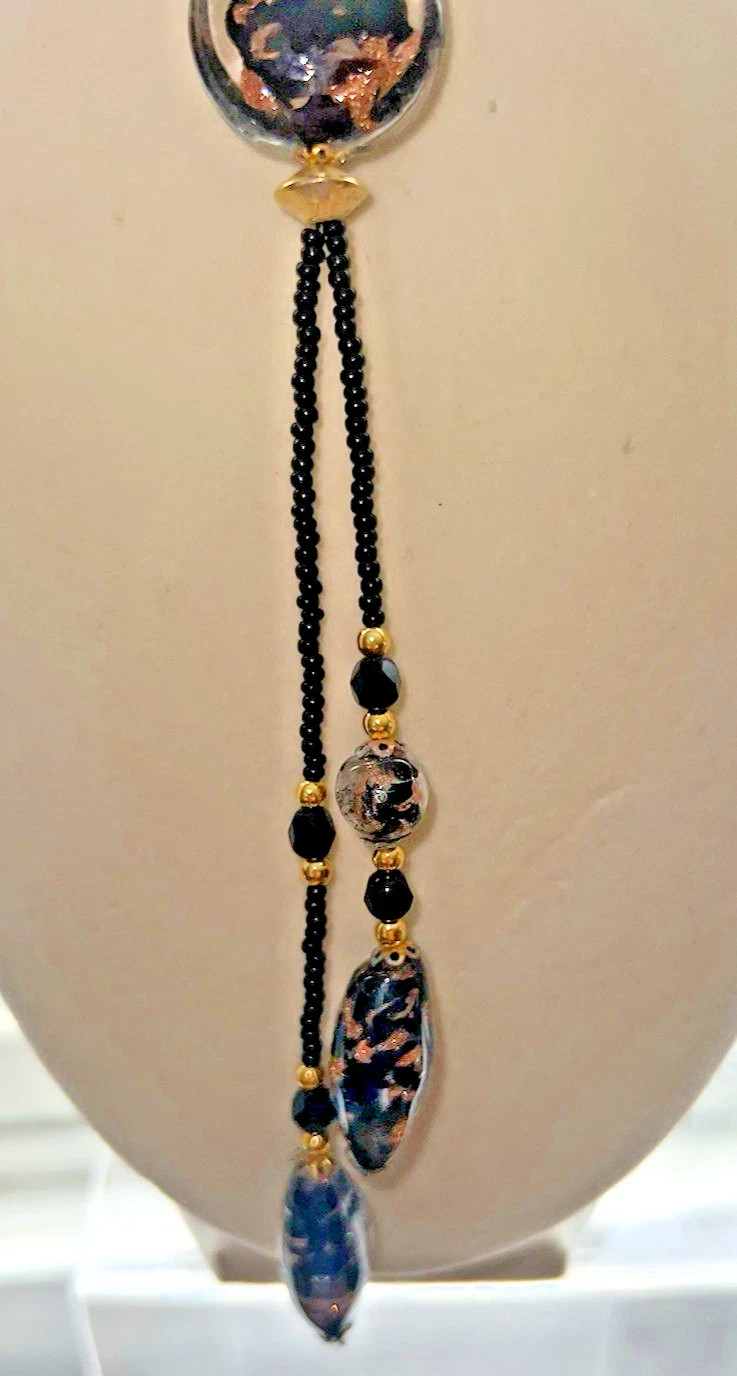 Vintage Venetian Murano Art Glass Beaded Black and Gold Necklace 18″ LARIAT