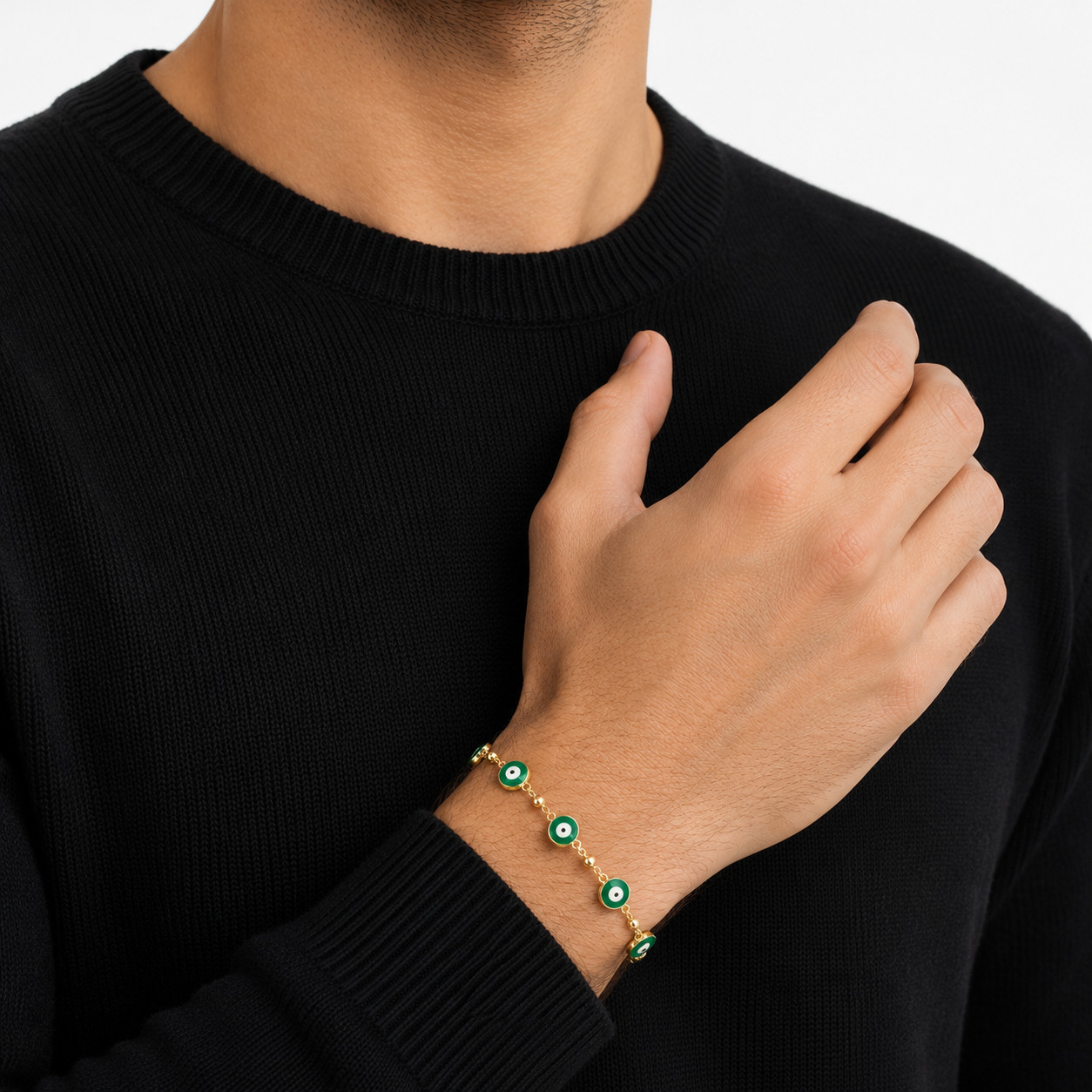Real 1/200 14K Yellow Gold Overlay Green Evil Eye Rosary Religious Bracelet