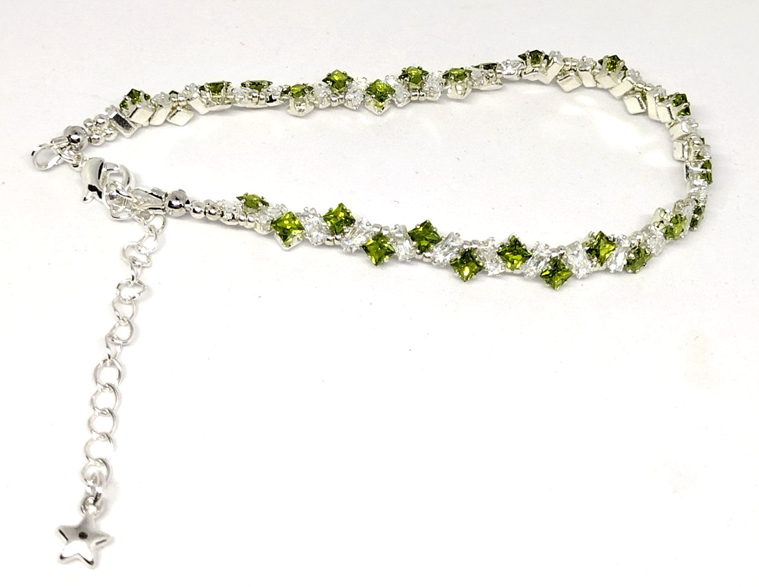 7-inch Bracelet Angle Stack – 3mm Green SQUARE-2x4mm White Rectangle Prong-Sets.