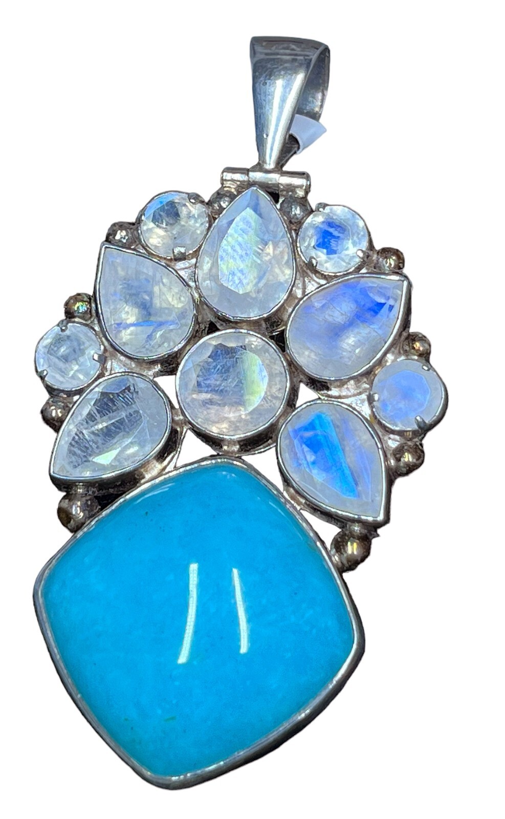 Himalayan Gems Amazonite , White Topaz , Moonstone Sterling Pendant Artisan