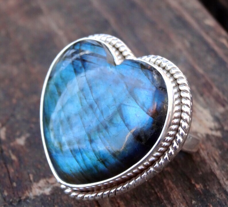 Natural Blue Labradorite Heart Ring 925 Solid Streling Silver Ring For Gift