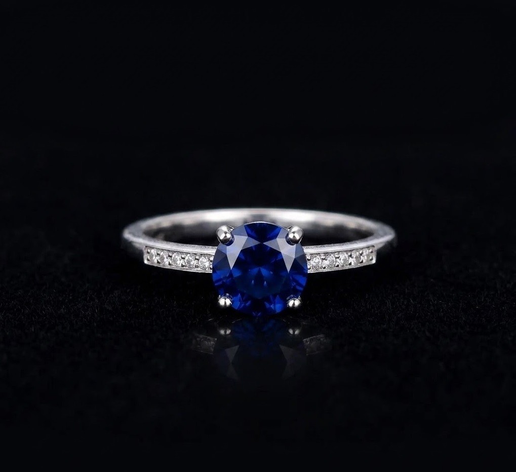 925 Sterling Silver Royal Blue Sapphire Engagement Ring, Round Cut Solitaire Ban