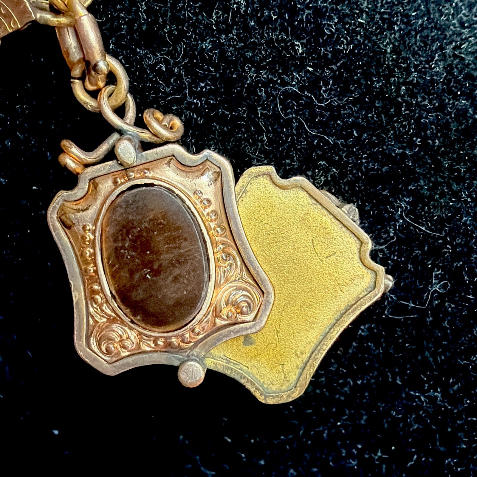 Victorian Etruscan 48g Gold Fill Book Chain Necklace Slide GF Locket Tiger Eye