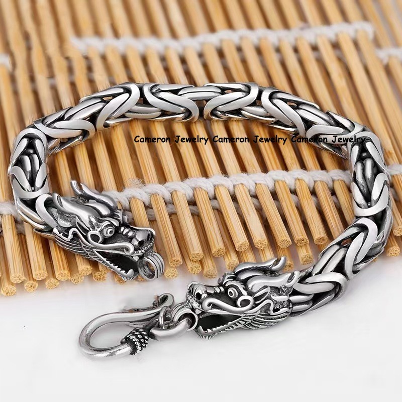 Pure S925 Sterling Silver Chain Dragon Head 5mm Byzantine Link Bracelet 7.1-9in